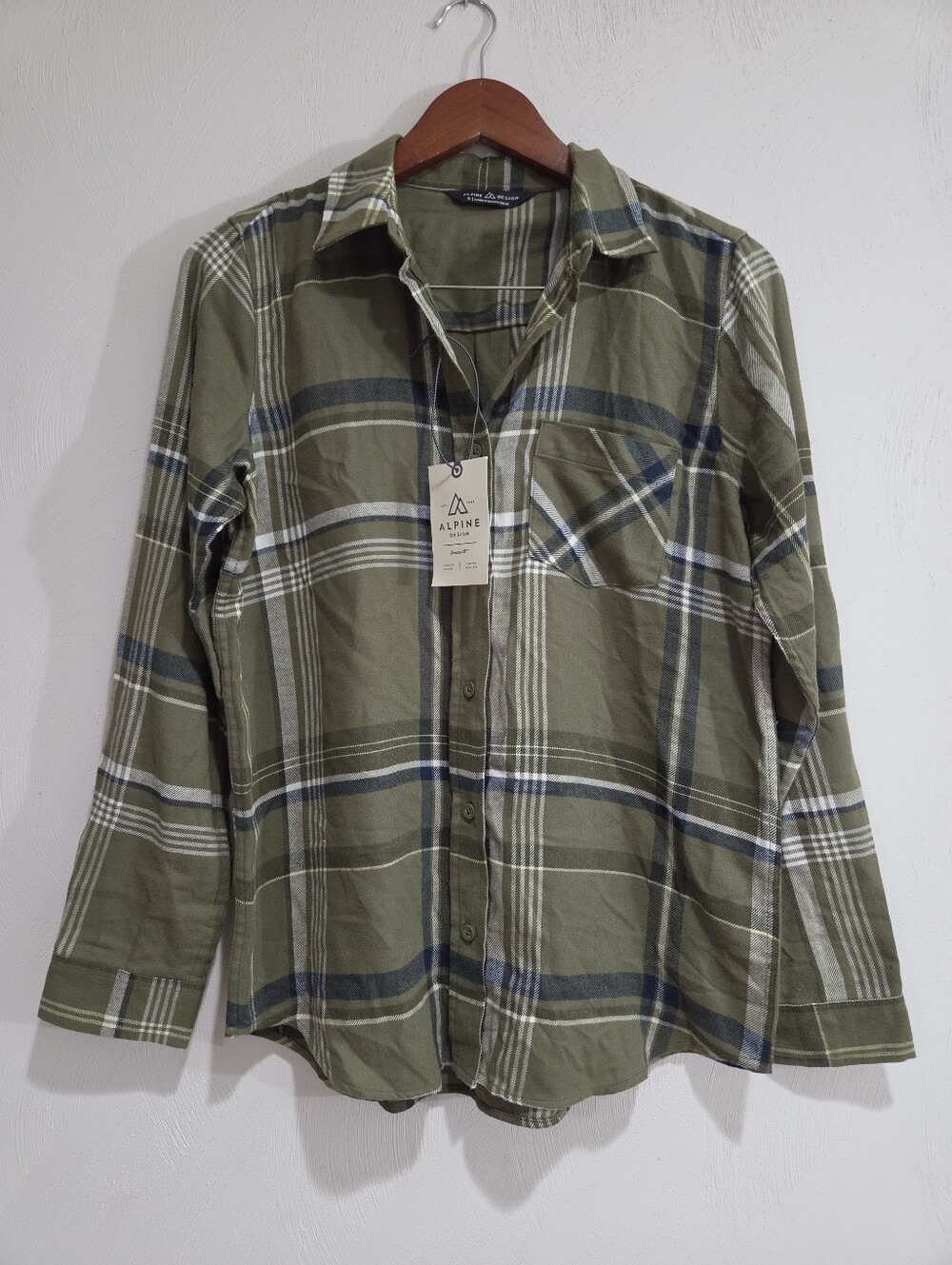 New Alpine Design River Plaid Light Olive Flannel Shirt Size Small